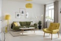 modern living room with yellow armchair and lamp. scandinavian interior design furniture.  illustration Royalty Free Stock Photo