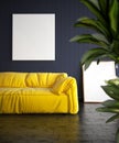 Modern living room with yellow sofa and posters mockup