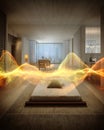 Modern living space with abstract light formations, minimalist bed, and dining area backdrop Royalty Free Stock Photo