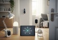A modern living space featuring smart home technology. A tablet with a smart home interface is Royalty Free Stock Photo