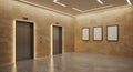 Modern lobby interior featuring elevators and framed art pieces on a textured wall Royalty Free Stock Photo