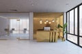 Modern lobby interior with window and city view, shiny golden reception desk, seating and decortaive items. Waiting area concept. Royalty Free Stock Photo