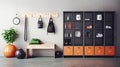 a modern locker accompanied by neatly arranged sports equipment near a wall, a minimalist modern composition that