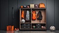 a modern locker accompanied by neatly arranged sports equipment near a wall, a minimalist modern composition that