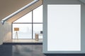 Modern loft attic office interior with empty  mock up banner, furniture, panoramic window and city view. 3D Rendering Royalty Free Stock Photo
