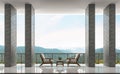 Modern loft balconies and living area with panoramic views of mountains 3d rendering image