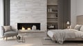 Modern loft bedroom with fireplace and brick wall, featuring a cozy bed with pillow and coverlet