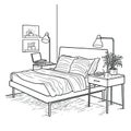 Modern Loft Bedroom Furniture with Double Bed, Table, and Lamp in Continuous Line Drawing Style. Perfect for Interior De