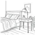 Modern Loft Bedroom Furniture with Double Bed, Table, and Lamp in Continuous Line Drawing Style. Perfect for Interior De