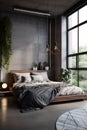 Modern loft bedroom interior with black walls, concrete floor, gray master bed. Industrial, concrete or loft Style.