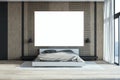 Modern loft bedroom interior with empty white mock up poster , panoramic window and city view, curtain and other objects. 3D Royalty Free Stock Photo