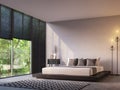Modern loft bedroom with nature view 3d rendering image Royalty Free Stock Photo