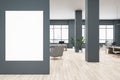 Modern loft coworking office interior with empty white mock up banner on wall, panoramic windows, wooden flooring, furniture, Royalty Free Stock Photo