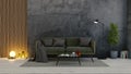 Modern loft interior of living room,dark green sofa on white flooring and dark concrete wall.empty room,3d rendering Royalty Free Stock Photo