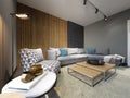 Modern loft interior of living room, grey sofa and colorful pillows on metal flooring and dark concrete wall and wood planks Royalty Free Stock Photo