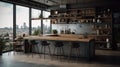 Modern loft kitchen with breakfast bar in an urban luxury apartment. Concrete walls and floor, wooden bar counter with Royalty Free Stock Photo