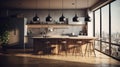 Modern loft kitchen with breakfast bar in an urban luxury apartment. Wooden floor, concrete wall, wooden bar counter Royalty Free Stock Photo
