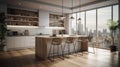 Modern loft kitchen with breakfast bar in an urban luxury apartment. Wooden floor, white fasades, wooden bar counter Royalty Free Stock Photo