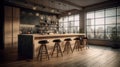 Modern loft kitchen with breakfast bar in an urban luxury apartment. Wooden floor, wooden bar counter with bar stools