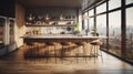 Modern loft kitchen with breakfast bar in an urban luxury apartment. Wooden floors, white facades, open shelves, wooden Royalty Free Stock Photo