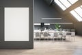 Modern loft kitchen interior with blank white mock up banner on wall, window and daylight, wooden flooring, furniture and dining Royalty Free Stock Photo