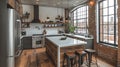 Modern loft kitchen, island, brick wall, city view, home design Royalty Free Stock Photo