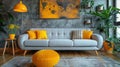 Modern Loft Living Room with Tufted Grey Sofa, Yellow Accents, and Concrete Wall Royalty Free Stock Photo