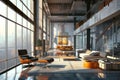 modern loft living room with industrial design elements, including exposed ductwork and large windows, complemented by Royalty Free Stock Photo