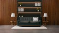 Modern loft living room interior,Black sofa with black bookcase and old wood wall /3d render Royalty Free Stock Photo