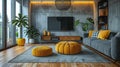 Modern Loft Living Room with Tufted Grey Sofa, Yellow Accents, and Concrete Wall Royalty Free Stock Photo