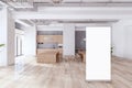 Modern loft meeting room interior with blank white mock up banner, concrete walls, wooden flooring, furniture and equipment. 3D Royalty Free Stock Photo