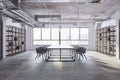 Modern loft meeting room interior with bookshelves, concrete flooring, furniture and panoramic window with city view and daylight Royalty Free Stock Photo