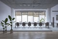 Modern loft meeting room interior with window and city view, furniture, equipment, various other objects and daylight. 3D Royalty Free Stock Photo