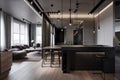 a modern loft, with minimalist lighting and sleek fixtures