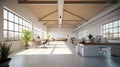 Modern loft open space office with panoramic windows. Concrete floor, white walls, wooden ceiling with beams, large