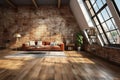 Modern loft space with abundant natural light, hardwood floors, brick walls