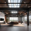 A modern loft space with industrial accents, exposed ductwork, and floor-to-ceiling windows4