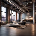 A modern loft space with industrial accents, exposed ductwork, and floor-to-ceiling windows3