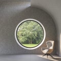 Modern loft style living room with circle shape window 3d render Royalty Free Stock Photo