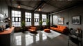 Modern Loft Vibes: Studio Apartment with Industrial Chic Decor in Concrete Gray, Rusty Orange Sofa, and Matte Black
