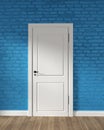 Mock up Modern loft white door and blue brick wall on wooden floor. 3D rendering