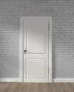 Modern loft white door and white brick wall on wooden floor. 3D rendering