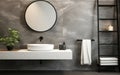 Modern loft white marble vanity counter ceramic washbasin black round mirror black steel towel rack and polished cement wall Royalty Free Stock Photo