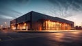 Modern logistics warehouse illuminated at evening