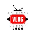 Vector logo design for vlog or videoblog. Emblem with TV antenna, play buttons and place for text. Internet video