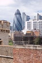 Modern London city office skyline by River Thames