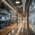 Modern office corridor with data visualization on glass walls Royalty Free Stock Photo