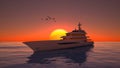 modern long yacht in sunset with flying birds