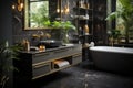 A modern look mirror and sink cabinet in an elegant bathroom, in the style of baroque dramatic lighting. Generative AI