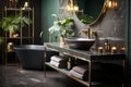 A modern look mirror and sink cabinet in an elegant bathroom, in the style of baroque dramatic lighting. Generative AI